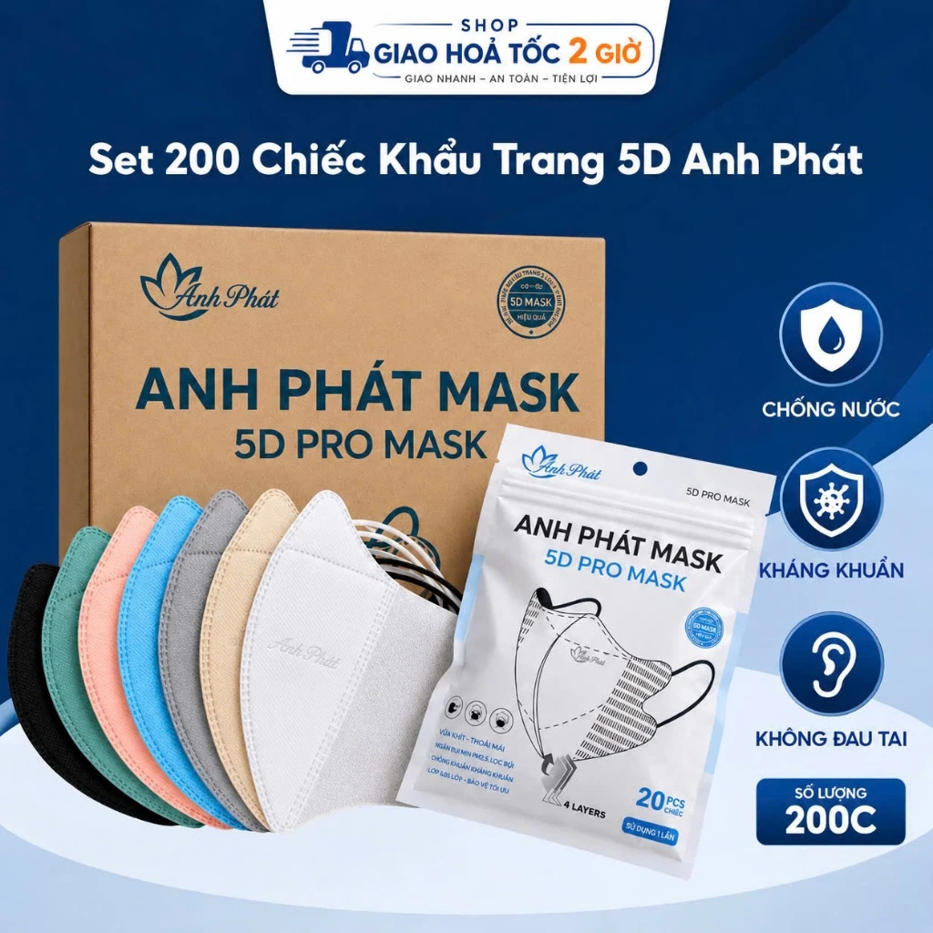 Sét 100 cái Khẩu Trang 5D  3 Lớp Kháng Giọt Bắn, Chống Tia UV Anh Phát
