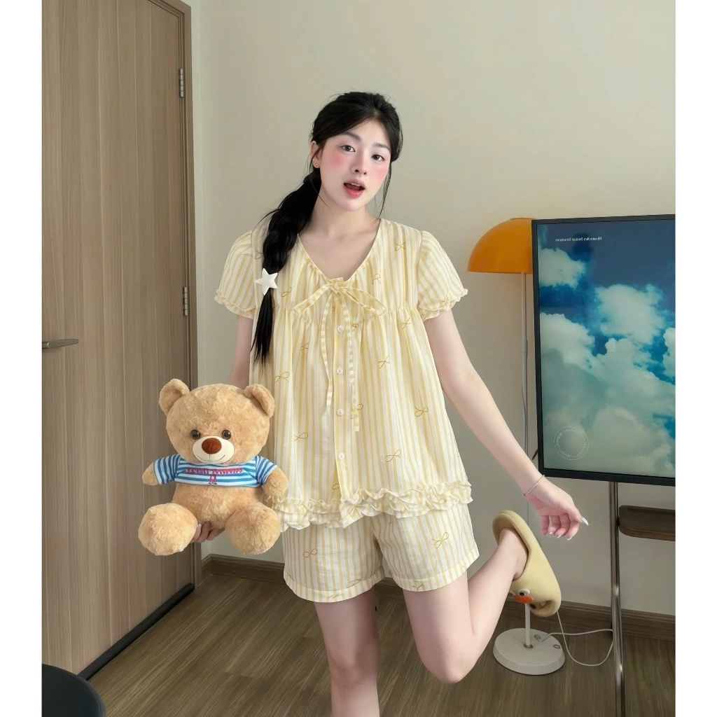Kozoda Đồ Ngủ Cotton BN96 Họa Tiết Kẻ Sọc Hoạt Hình Dễ Thương Dáng Suông Ngắn Tay Thoải Mái Chất Liệu Mềm Mại