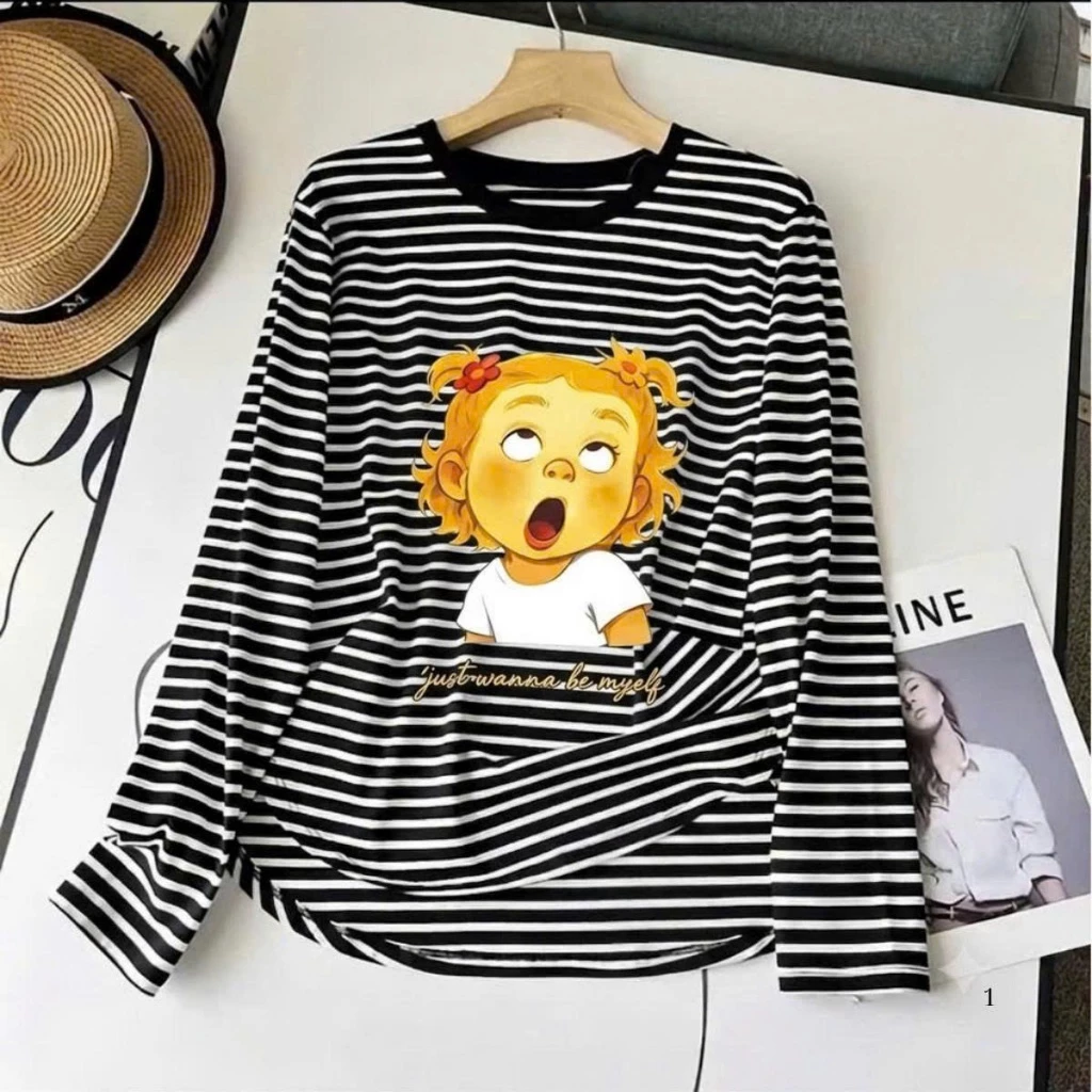 [14-44kg] Áo thun cotton dài tay kẻ ngang in (hoạ tiết  BÉ GÁI) basic, phong cách năng động, mềm ÁO WOW