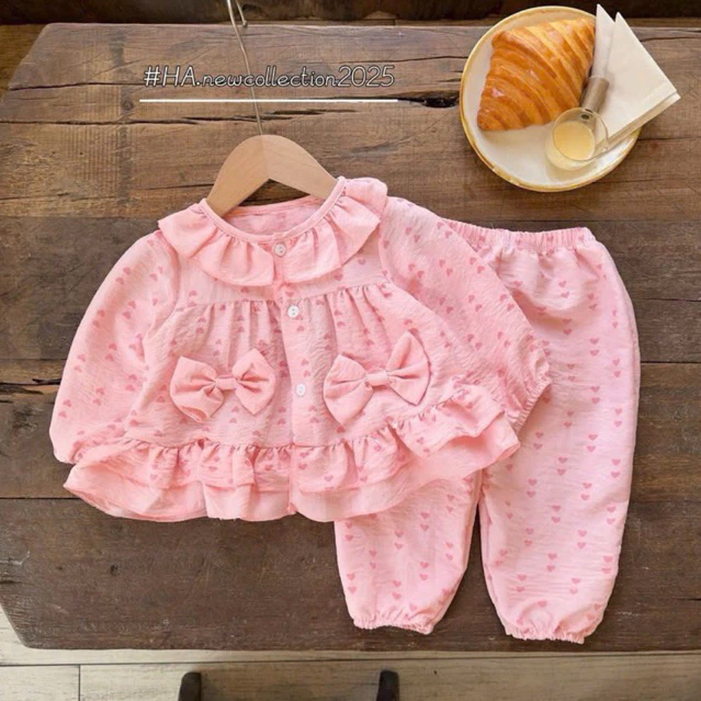 Bộ ngủ dài tay 6-18kg siêu xinh dành cho bé gái, bộ pijama cho bé gái đính nơ chất đũi xốp mềm nhẹ