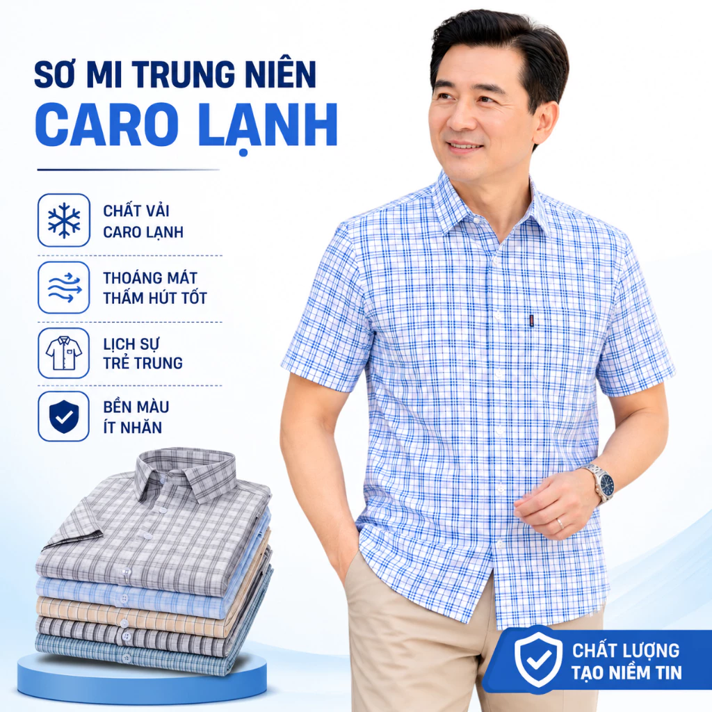 Áo Sơ Mi Ngắn Tay Trung Niên GEN ALPHA Họa Tiết Caro Vải Lụa Mềm Mịn Form Rộng Thoải Mái Có Túi Ngực