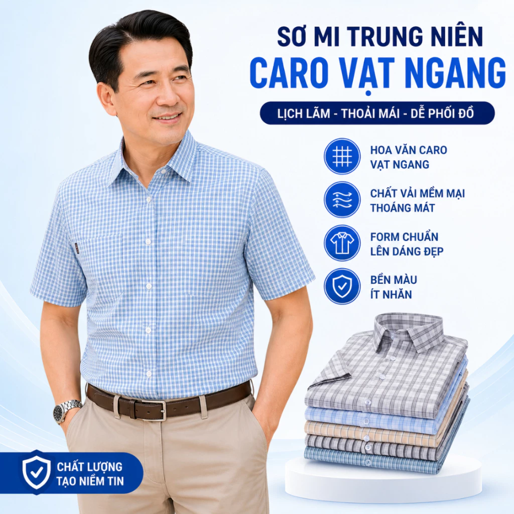 Áo Sơ Mi Nam Trung Niên Ngắn Tay Caro GENALPHA - Áo Sơ Mi Lụa Form Rộng Có Túi Co Giãn Cho Bố