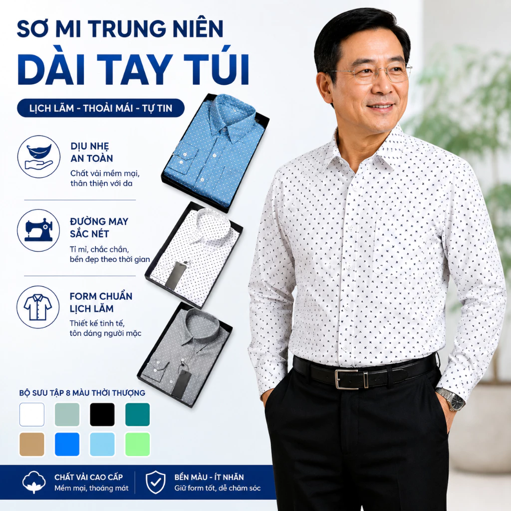 Áo Sơ Mi Nam Trung Niên Vải Lụa GENALPHA Co Giãn Mềm Mịn Form Rộng Classic Công Sở Lịch Sự