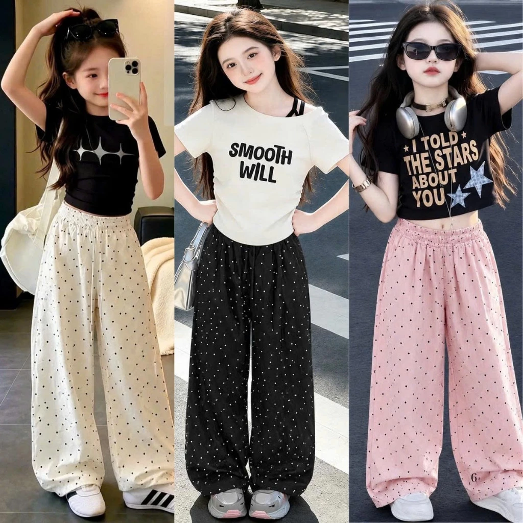 [14-44kg] Quần gió lụa dáng xuông cho bé gái (hoạ tiết CHẤM BI) chất liệu gió, mềm, nhẹ, basic dễ mặc QUẦN GIÓ BI