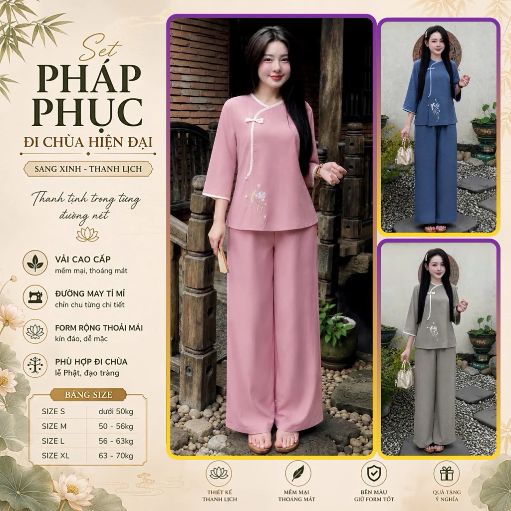 L18 Set lam pháp phục cao cấp chất đũi mềm nhẹ, trang nghiêm tinh tế , quần có túi