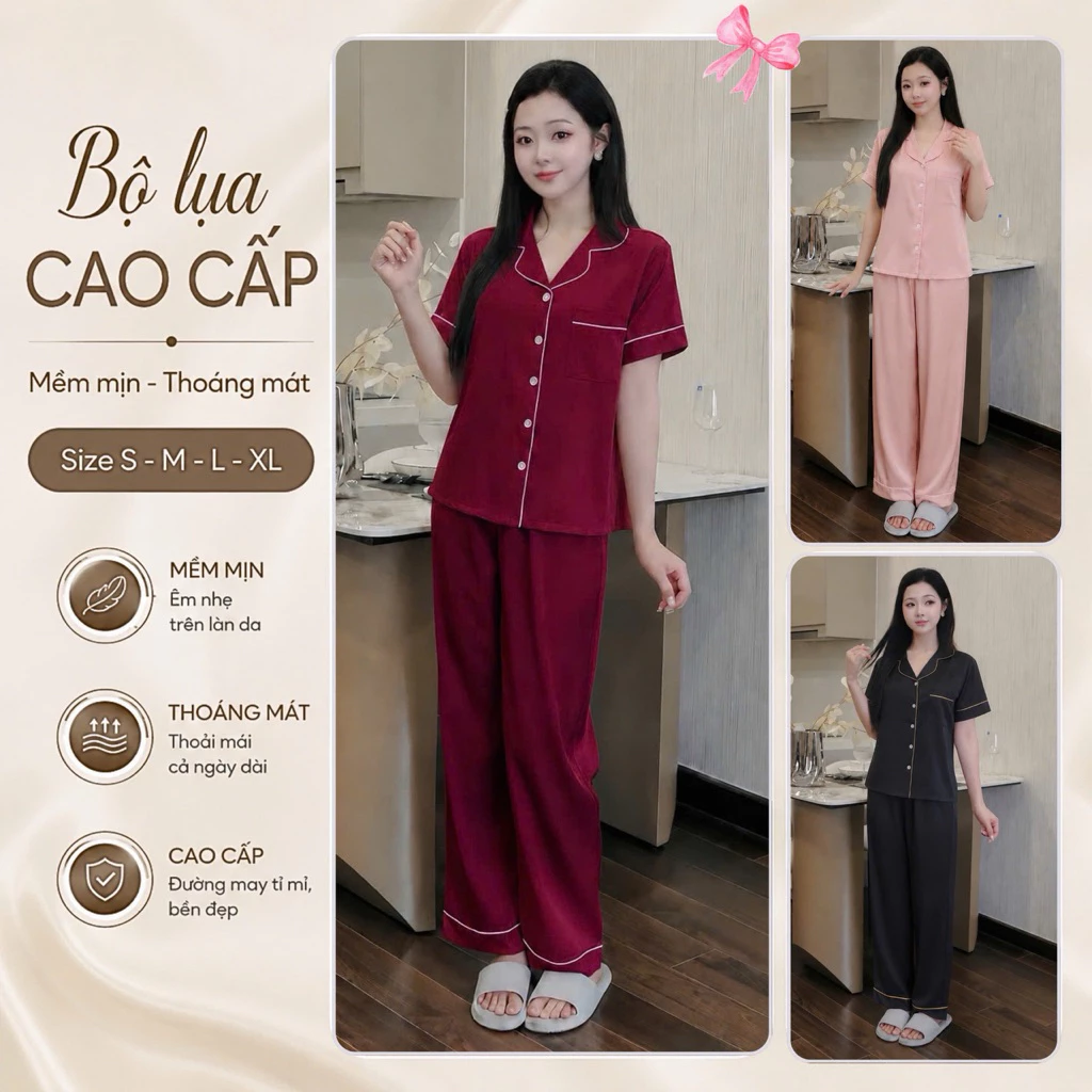 N1 Bộ Pijama Siêu Xinh Lụa Latin Vân  Mềm Mịn,Tay Ngắn Quần Dài  mặc nhà sang trọng, hàng chuẩn phom