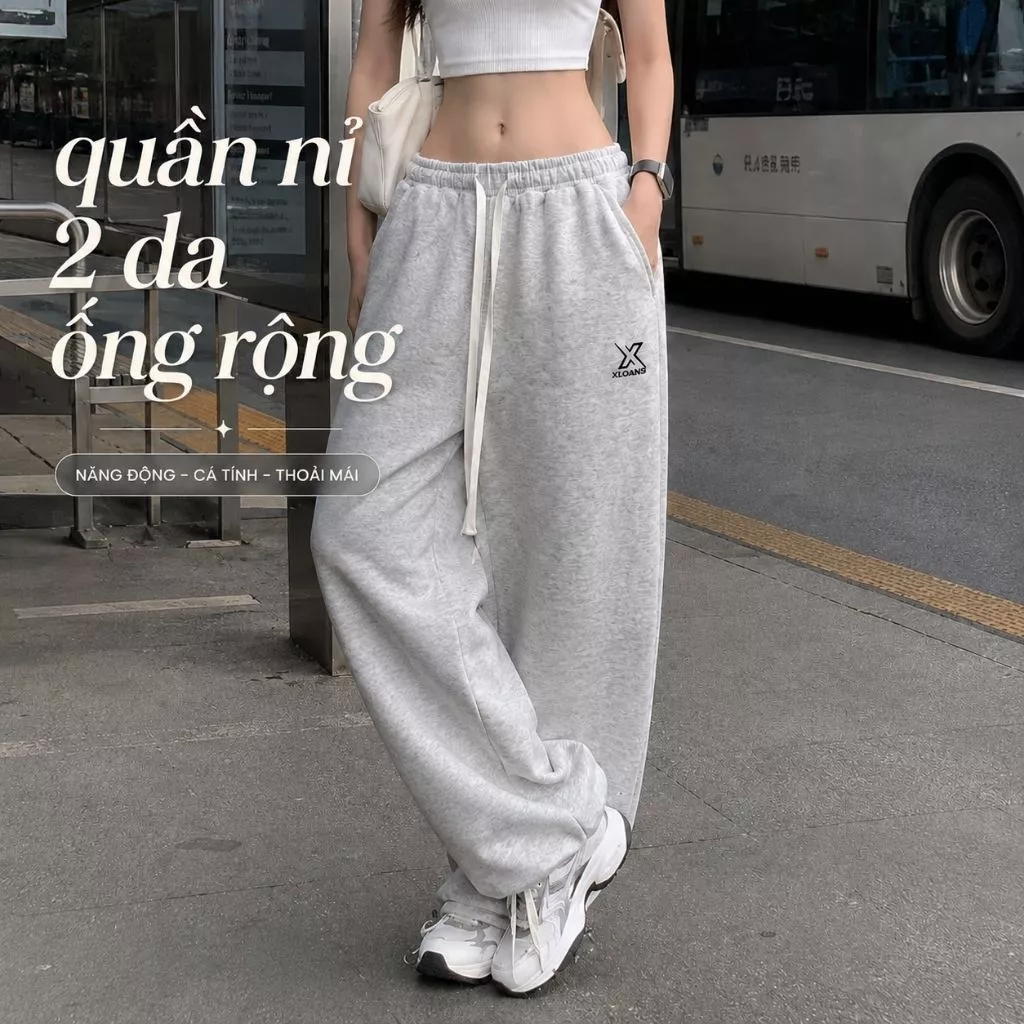 Quần nỉ ống cong ZGO phối dây thừng bản nhỏ unisex nam nữ chất nỉ 2 da Quảng Châu dày dặn Qzg22