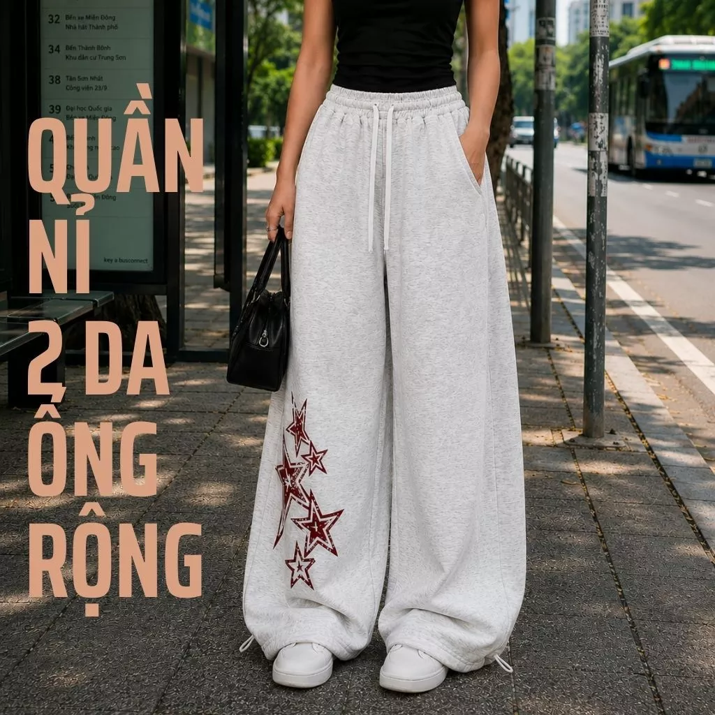 Quần nỉ 2 da ZGO ống rộng form unisex hình in ngôi sao  Phong Cách Streetwear chất nỉ Quảng Châu Dày Mịn QZG28