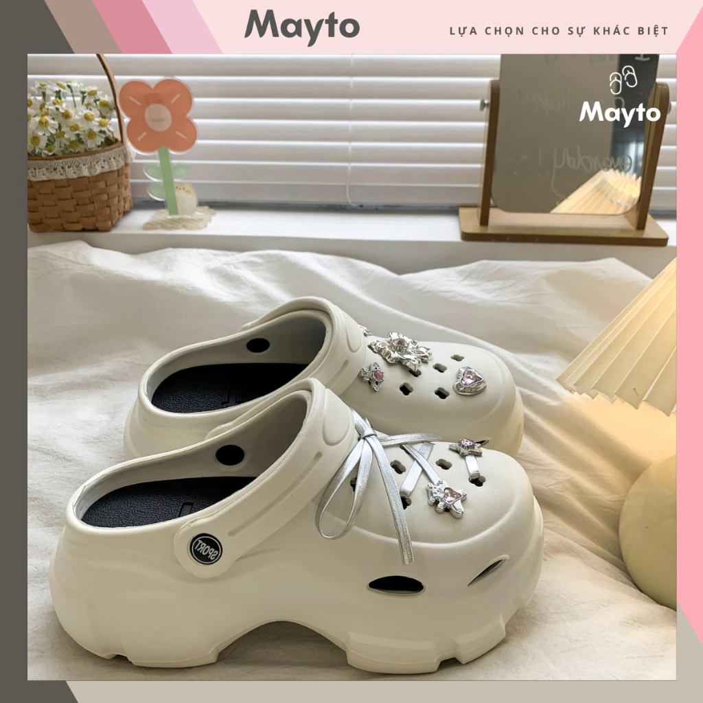 Dép nữ, dép sục Mayto đế cao 7cm kèm sticker dây bạc nơ dễ thương Hàn quốc CS-303