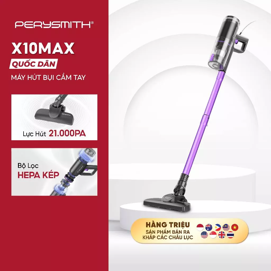 Máy Hút Bụi PerySmith X10Max 21.000Pa Siêu Mạnh 2 Lõi HEPA, Công Suất 600W