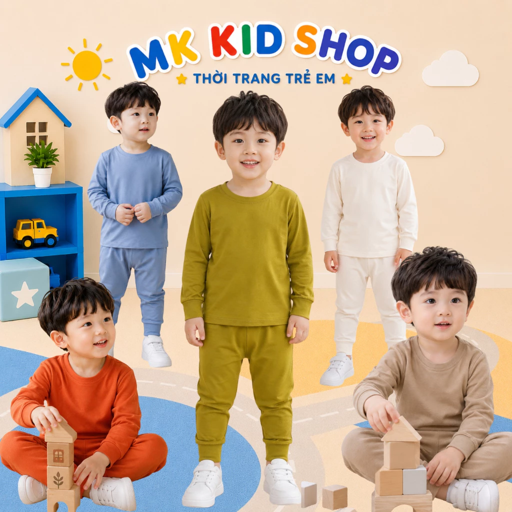 Quần áo Thu Đông cho bé 5-25kg, Bộ Dài tay thun lạnh Trơn cao cấp Mềm Mát co giãn 4 chiều MK KID