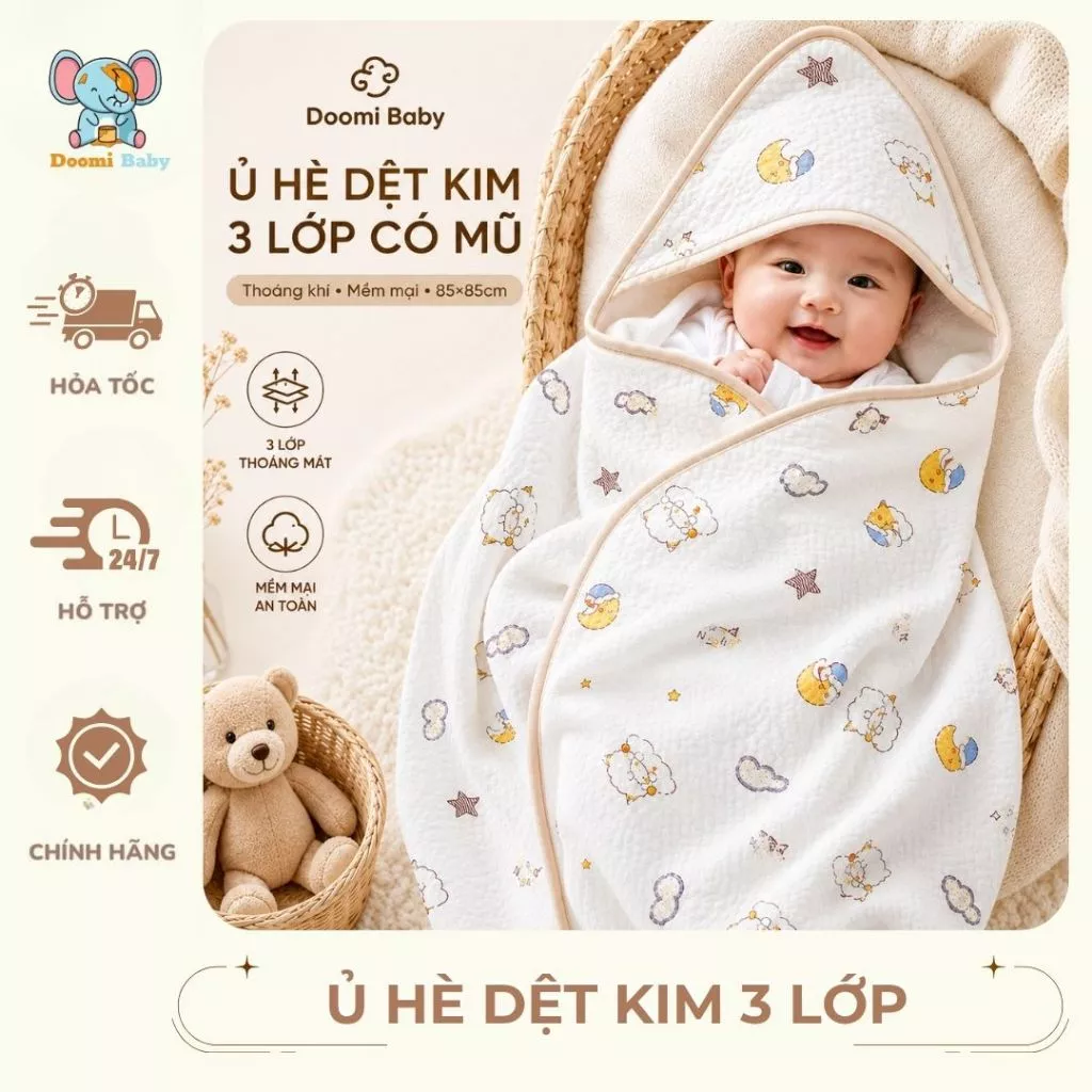 Ủ Hè Dệt Kim 3 Lớp  Cho Bé Có Mũ Thoáng Khí 85*85cm Phù Hợp Mùa Hè Doomi Baby - HT631 + HT608
