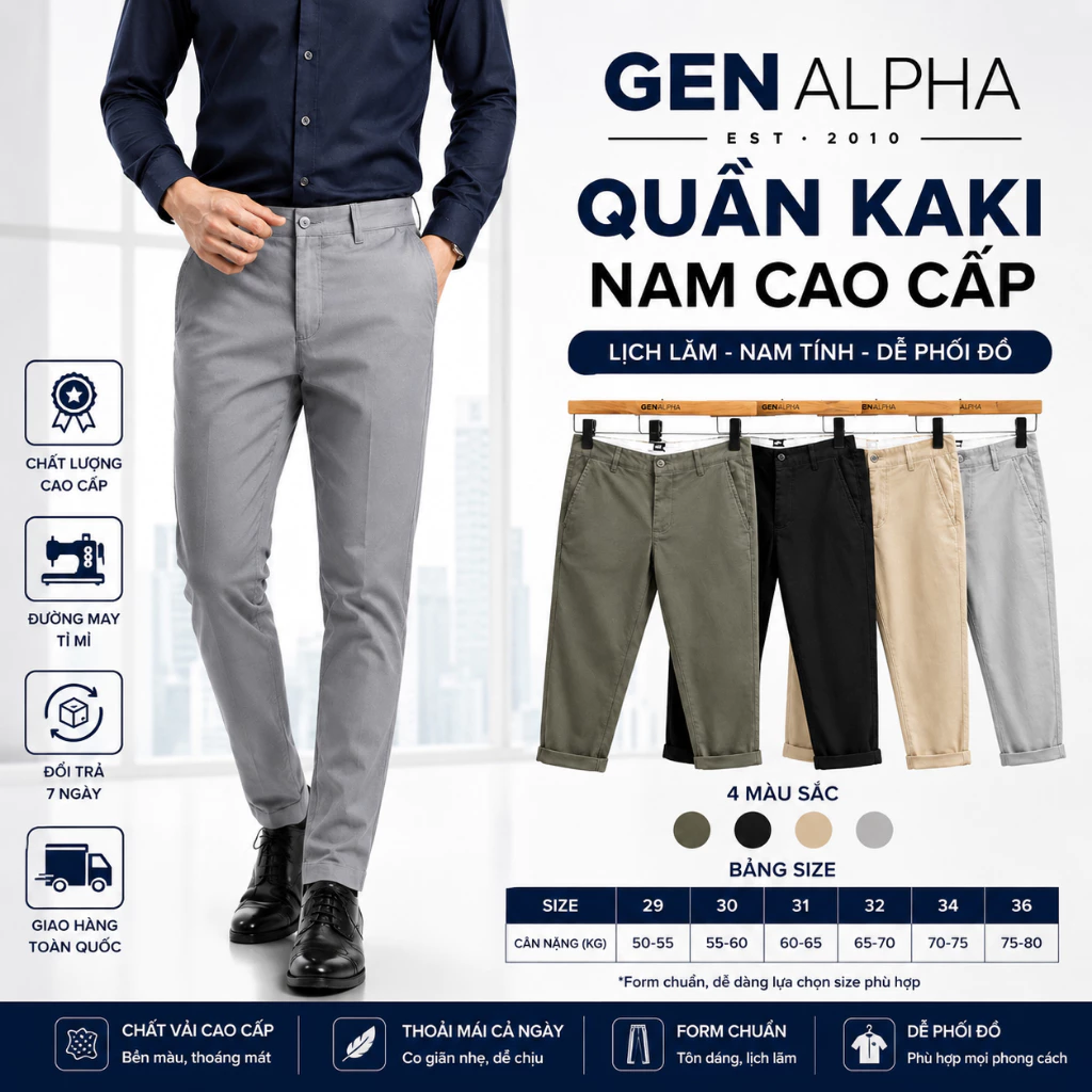 Quần Dài Kaki Nam GEN ALPHA Cao Cấp Co Giãn Thoáng Mát Hạn Chế Nhăn Dáng Slim Fit Công Sở Đi Chơi
