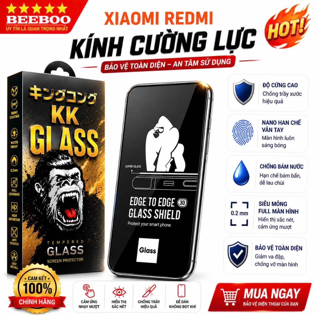 [COMBO 2 KÍNH] Kính Cường Lực Xiaomi Redmi Note 14 13 12 11 Full Keo 9H – Trong Suốt HD - Chống Trầy - Full Màn KK 3D