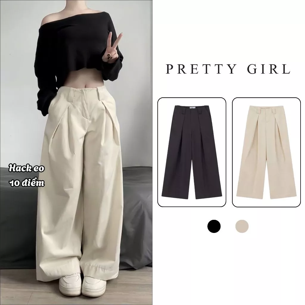 Quần Kaki Nữ Ống Rộng Xếp Ly Cạp Trễ Pretty Girl, Quần Kaki Nữ Basic Phong Cách Trẻ Trung KAKIM