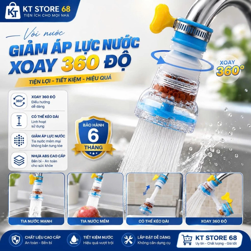 Đầu Vòi Lọc Nước Xoay 360 Độ, Vòi Lọc Nước Tăng Áp Chống Bắn Nước, Thiết Kế Nhỏ Gọn Tiện Lợi