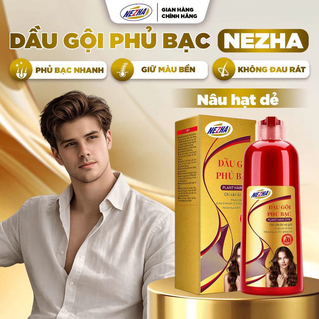 [NÂU HẠT DẺ] Dầu Gội Nhuộm Thảo Dược Phủ Bạc NEZHA 400ml, Nhuộm Tóc Tại Nhà, Tone Nâu Tây Tôn Da