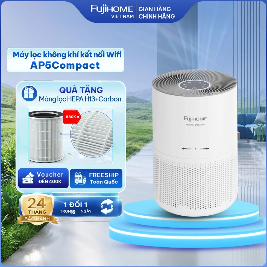 Máy lọc không khí 3 màng Carbon HEPA H13 lọc sạch bụi mịn khử mùi FUJIHOME AP5COMPACT Nhập Khẩu,kết nối WIFI thông minh