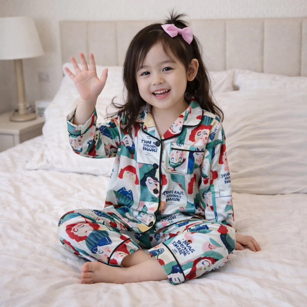 11 đến 40kg Bộ ngủ pijama bé trai bé gái vải lụa SATIN mềm mát cao cấp 089