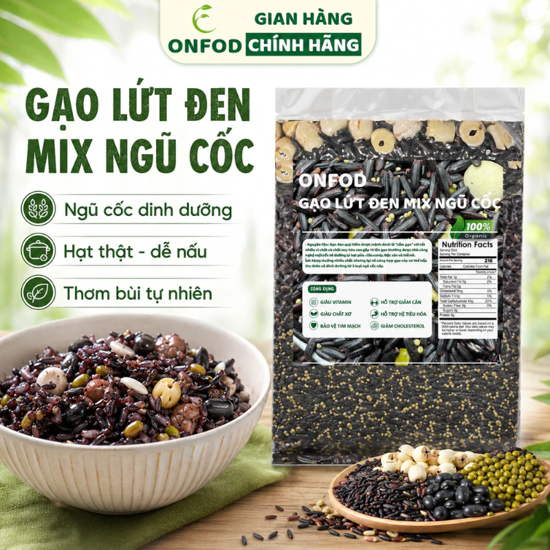 Gạo lứt đen ngũ cốc mix hạt sen hạt kê đậu xanh đậu đen hữu cơ ONFOD giảm cân ăn kiêng tiểu đường 1kg