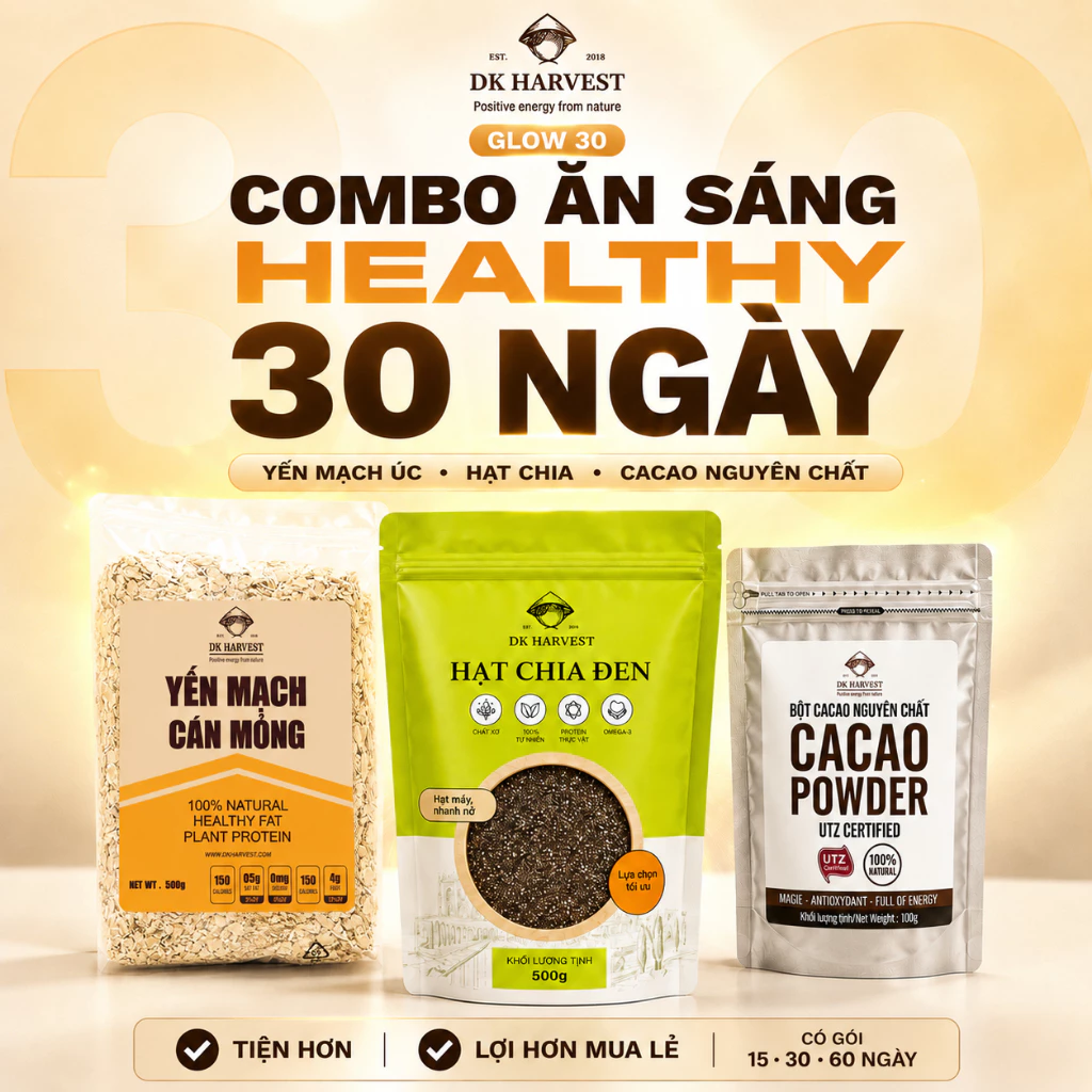 GLOW Combo: Yến mạch cán mỏng + Hạt chia + Bột cacao DK Harvest, đồ ăn healthy ăn kiêng, Combo 15/30/60 ngày