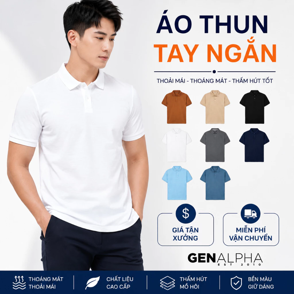 Áo thun polo nam GEN ALPHA chất vải cá sấu co giản 4 chiều thời trang màu Basic GEN542