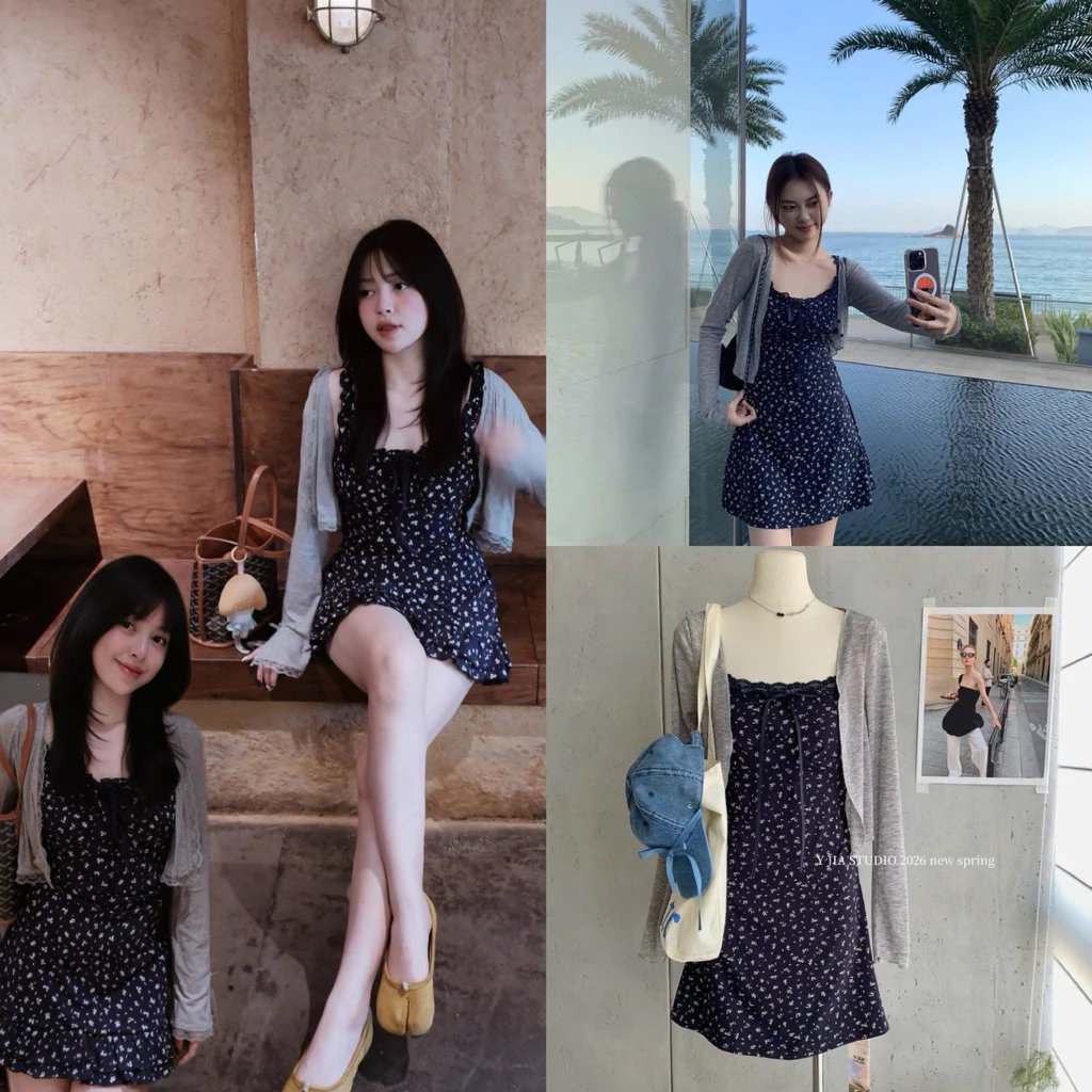 DAISIES X YJIA Set Váy 2 Dây Hoa Nhí Xanh Than Kèm Áo Khoác Mỏng Cardigan Xám Phong Cách Mùa Hè Trẻ Trung YJIA 9962