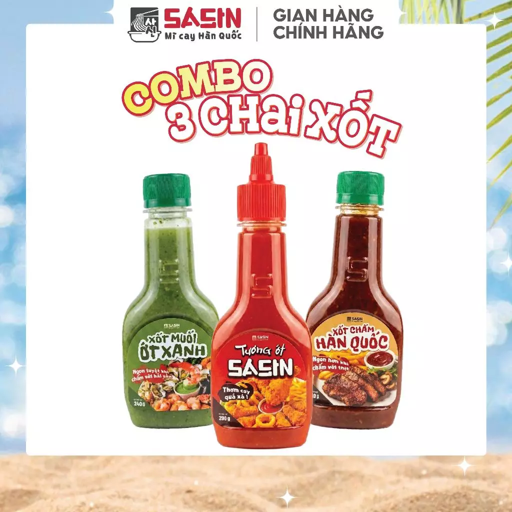 Combo 3 Chai Xốt (1 Tương ớt Sasin 200g+ 1 Xốt Muối ớt xanh 240g+ 1 Xốt Chấm Hàn Quốc 210g)