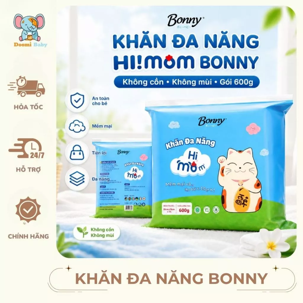 Khăn Đa Năng Hi!Mom Bonny Không Cồn Lau Tay Lau Mặt An Toàn Tiện Lợi Gói 600g Doomi Baby - HT543