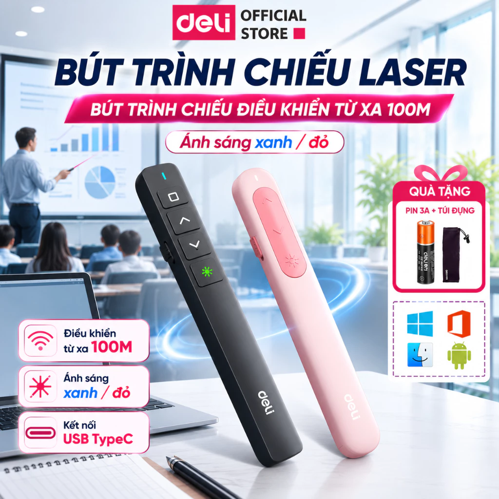 Bút Trình Chiếu DELI Bút Thuyết Trình Powerpoint Laser Điều Khiển Từ Xa 100M Kết Nối USB TypeC Dùng cho Laptop/ Macbook