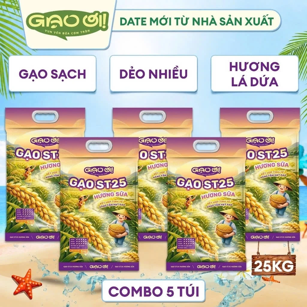 Combo 5 Túi Gạo ST25 Hương Sữa Gạo Ơi Túi 5kg - Chính Hãng Gạo Thơm Ngon Dẻo Nhiều - Tổng 25k
