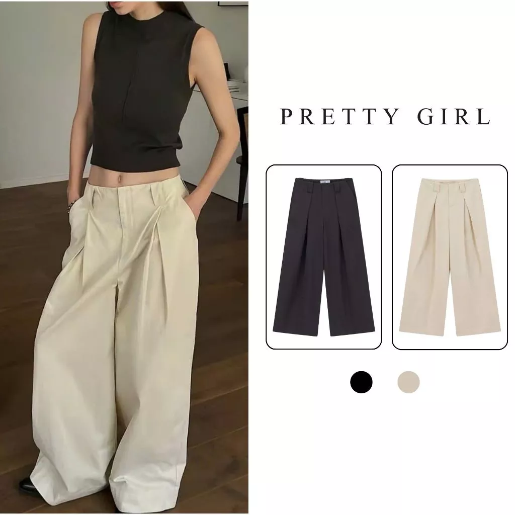 Quần Kaki Cạp Trễ Óng Rộng Basic Pretty Girl Phong Cách Hàn Quốc
