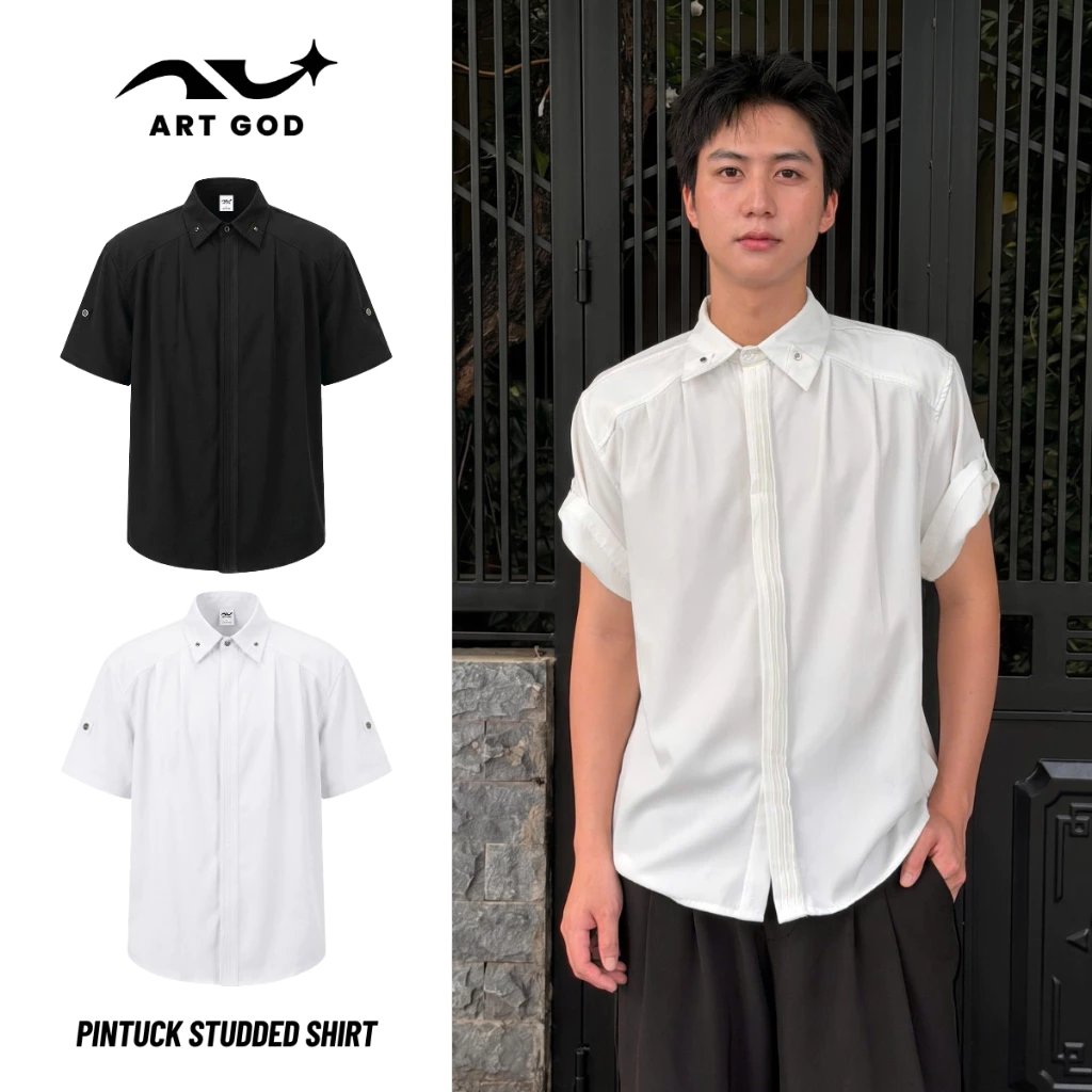 Áo Sơ Mi Ngắn Tay Cài Thiết Kế Nẹp Xếp Ly Giấu Khuy Vải Kaki 2 Da Form Thường Unisex ARTGOD HMA127