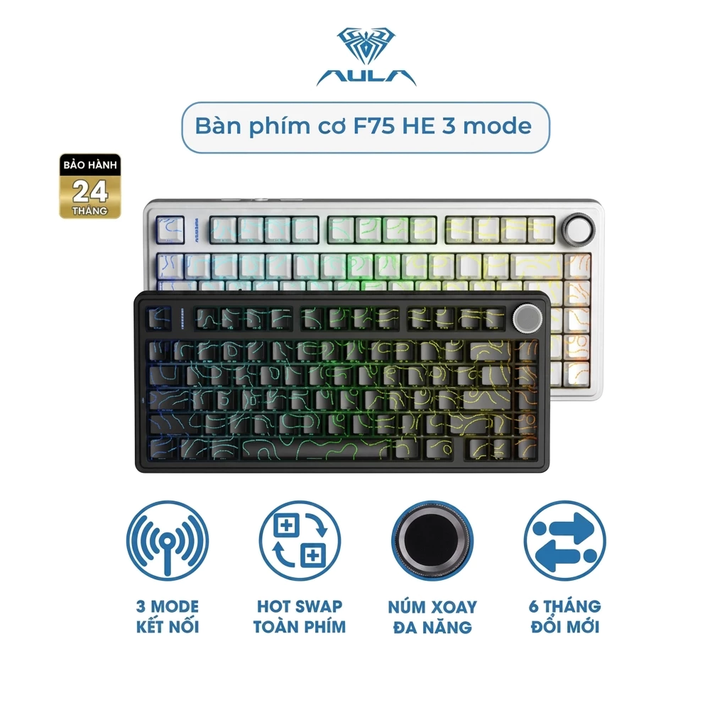 Bàn Phím Cơ AULA F75 HE Không Dây 3 Mode LED RGB Switch Nam Châm Hall Effect