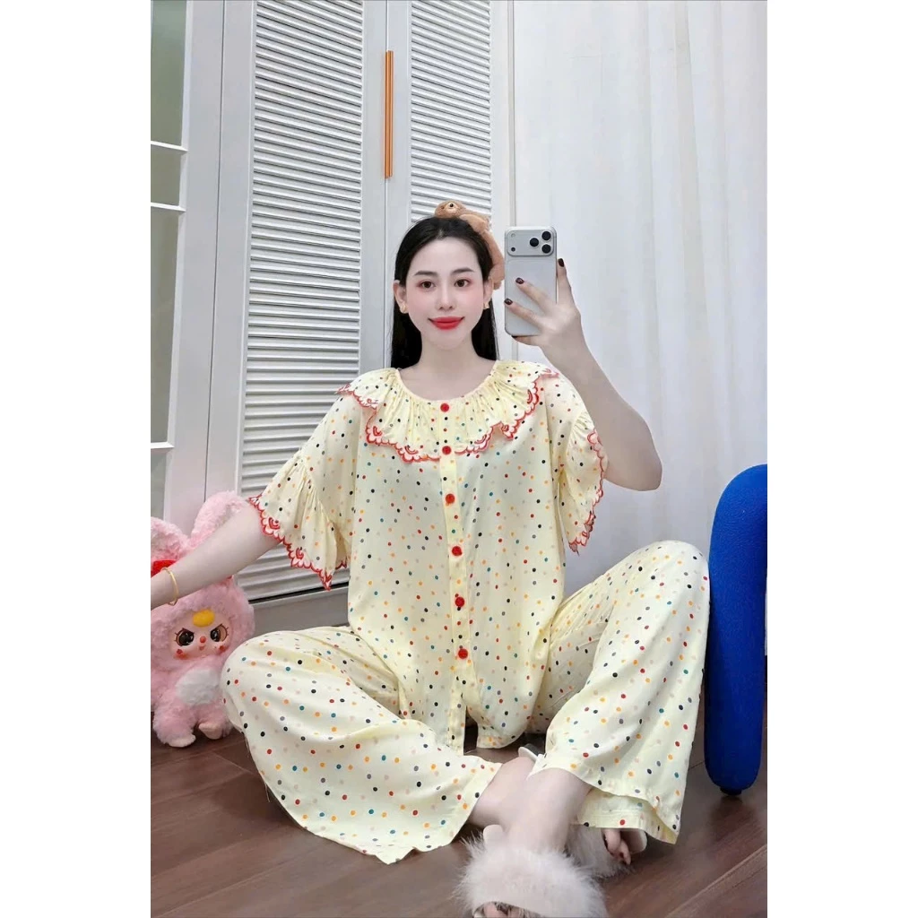QUẦN DÀI TAY THÊU PHOM SUÔNG TLD279 Đồ Bộ Tole Lanh Nữ Mặc Nhà Áo Tay Cọc Viền Thêu Phối Nút Quần Dà