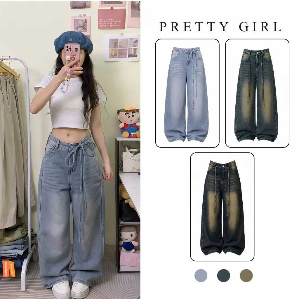 Quần Jean Ống Rộng Unisex, Quần Bò Suông Kèm Dây Rút, Quần Jean Wash Nam Nữ