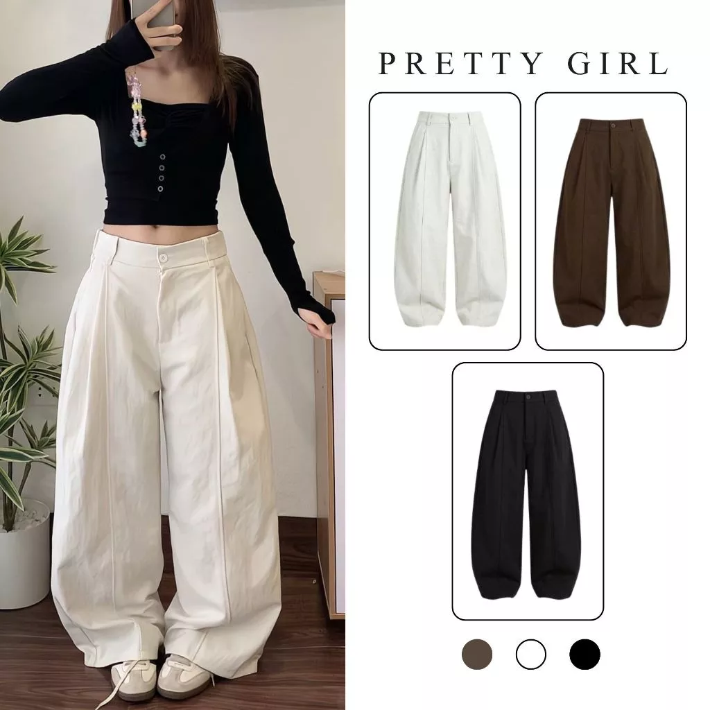 Quần Kaki Nhật Ống Rộng Form Thụng Pretty Girl KJK Quần suông kaki Nhật basic chun sau kiểu dáng Hàn quốc 3 màu