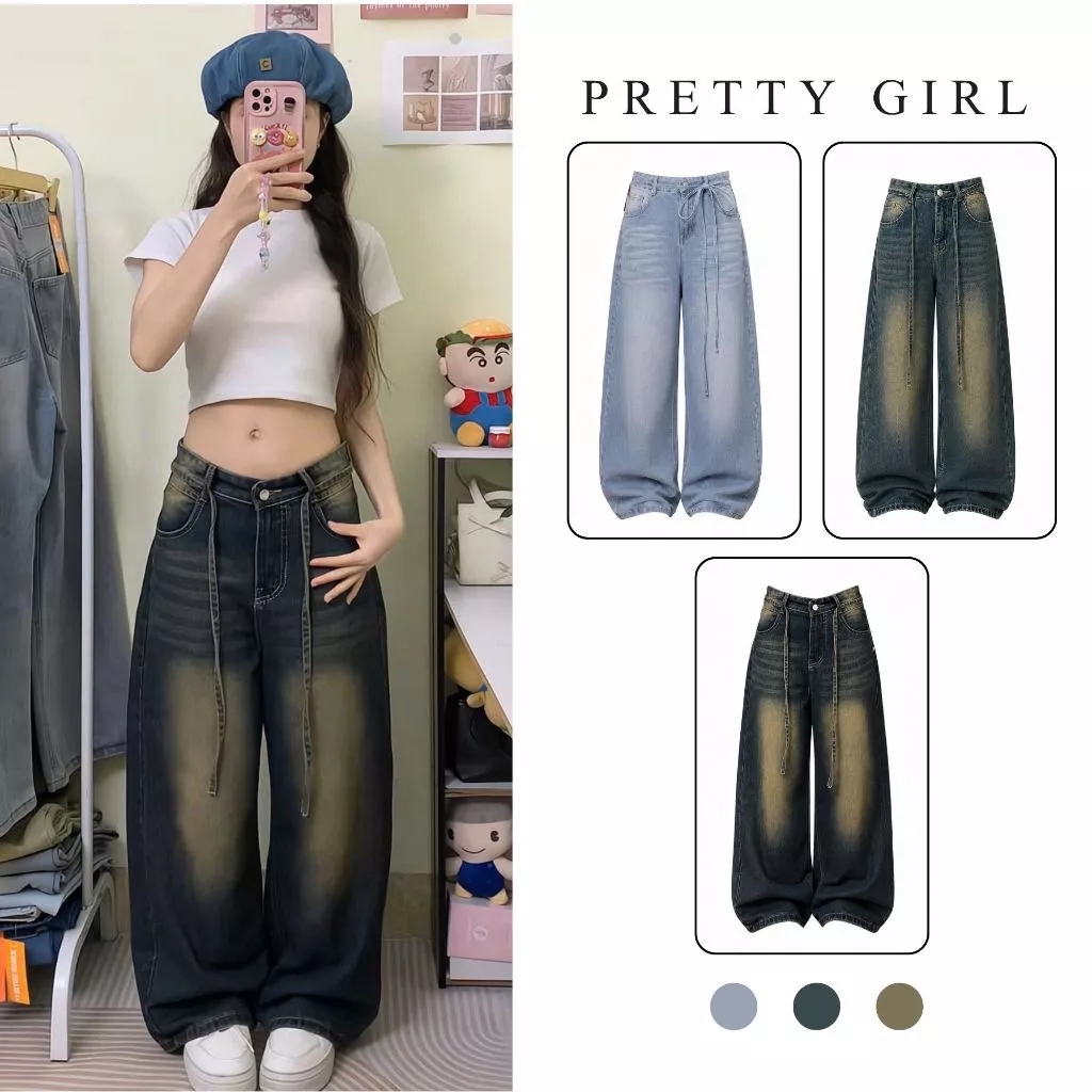 Quần Jean Suông Ống Rộng Wash 3 Màu Kèm Dây Rút Unisex Nam Nữ Cá Tính
