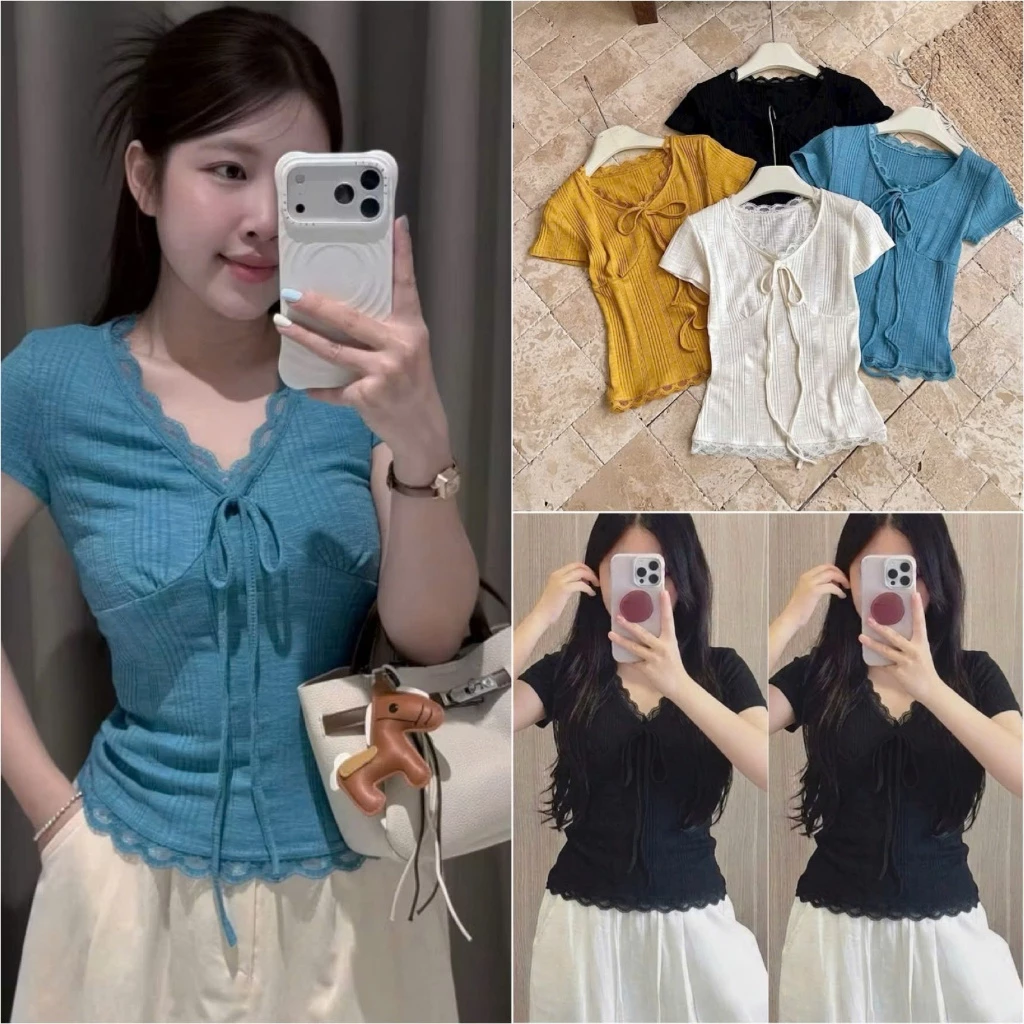 HT61, Áo thun dệt cổ tim phối ren Size 40-70kg