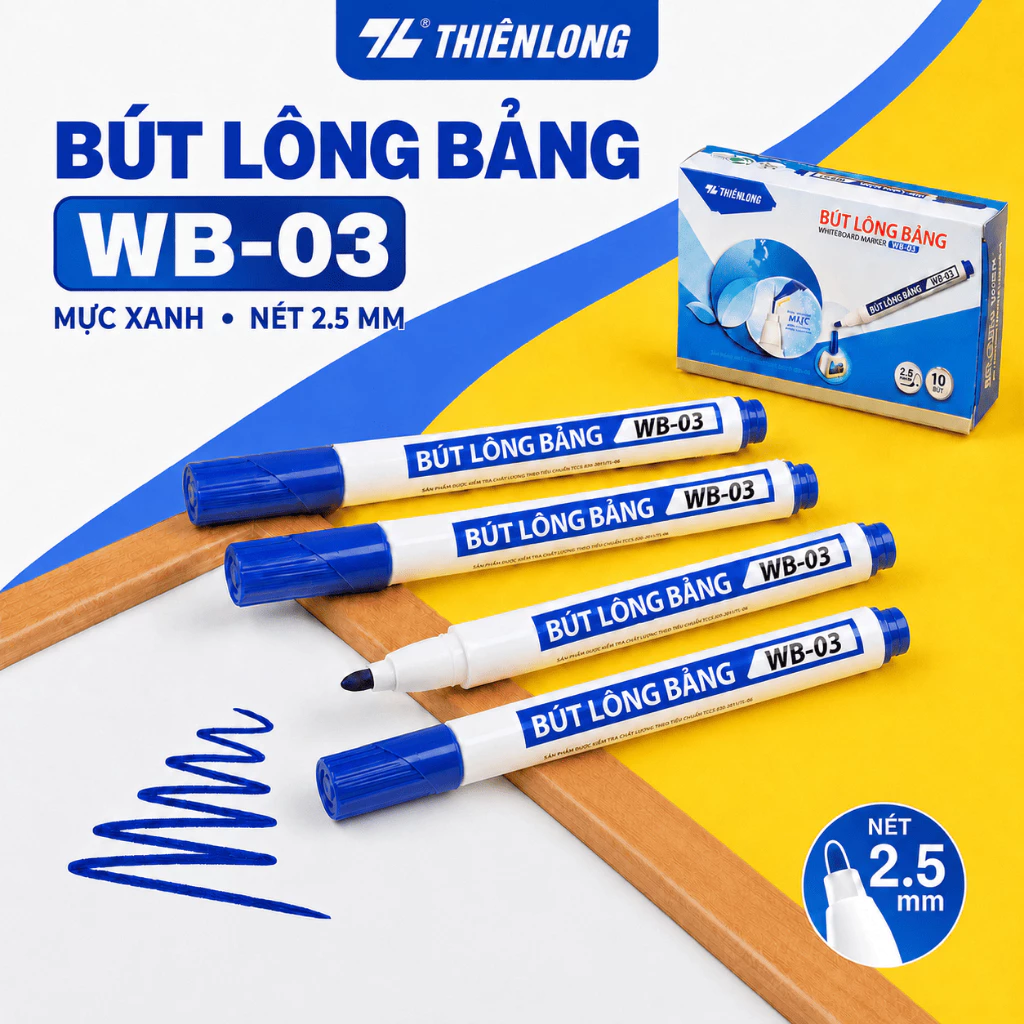 Combo 5/10/20 Bút lông bảng xóa được Thiên Long WB-03 nét 2.5mm mực xanh đỏ đen không độc hại bơm mực dễ dàng