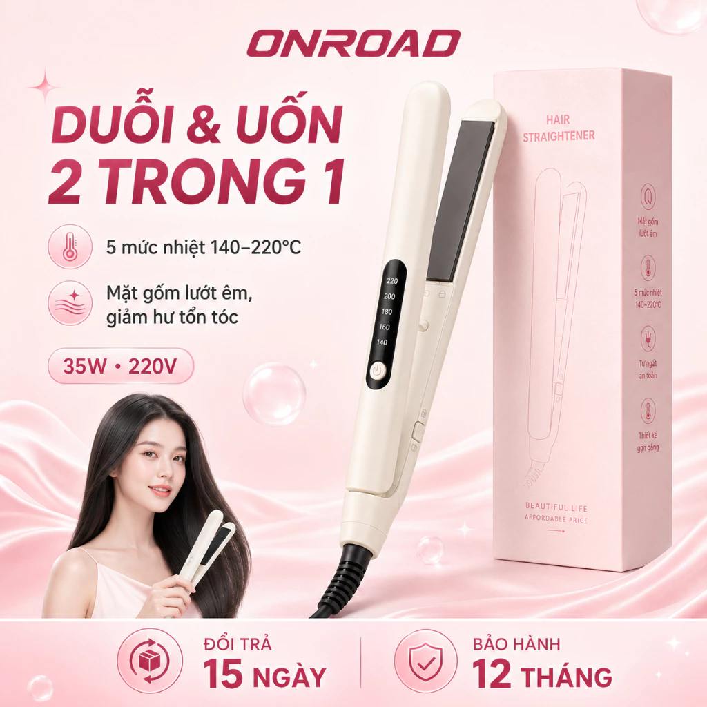 Máy Duỗi Tóc 35W, 5 Mức Nhiệt 140–220°C, Màn Hình Hiển Thị, Khóa An Toàn, Gọn Nhẹ
