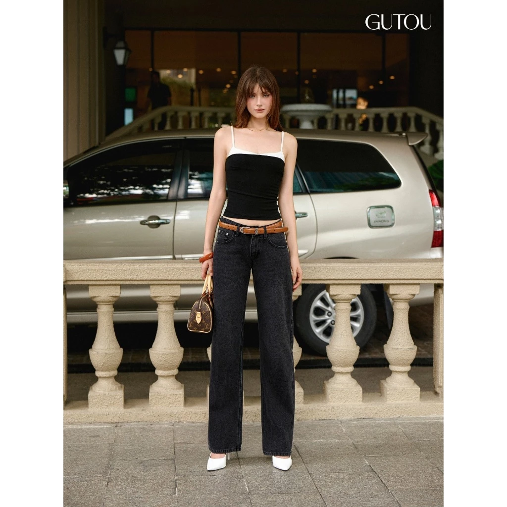[ GUTOU ] Quần Jean Suông Đường May Nổi Túi Sau Basic Trendy G287, Quần Jean Form Đứng Nữ Tôn Dáng