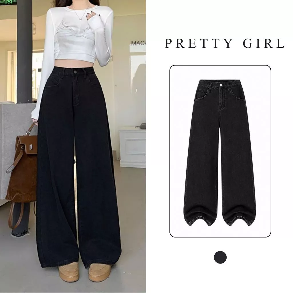 Quần Jean Ống Suông Rộng JSR05 Màu Đen Trơn Pretty Girl Basic Dễ Phối Đồ Chất Denim Mềm Phong Cách