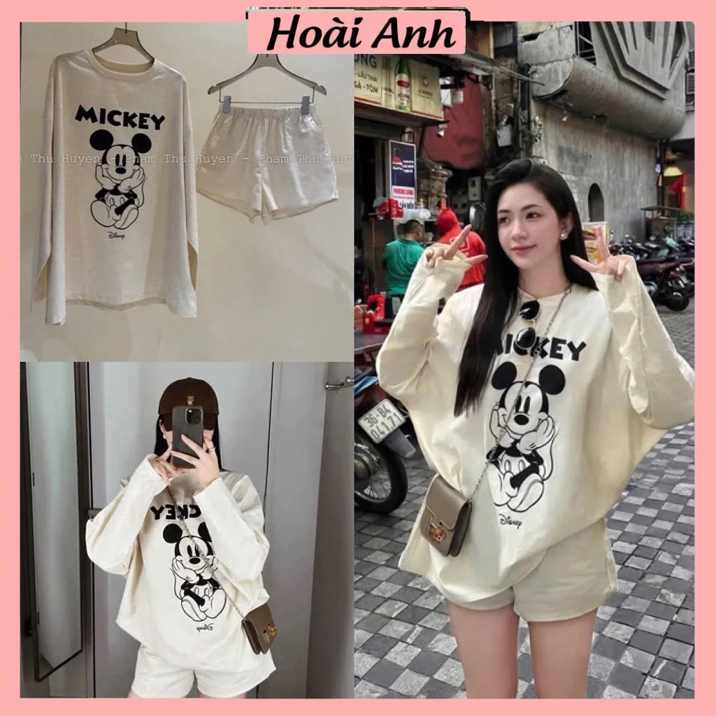 Set Bộ Đồ Nữ Nilen Xước In Mickey Áo Cổ Tròn Dài Tay Mix Quần Sooc Đùi Ống Rộng