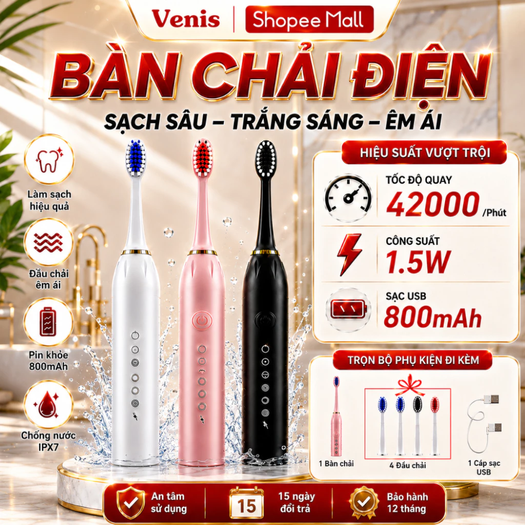 Bàn Chải Điện Sonic X3,X5 Đánh Răng Tự Động Với Lông Chải Mềm Mịn Chống Nước Tuyệt Đối