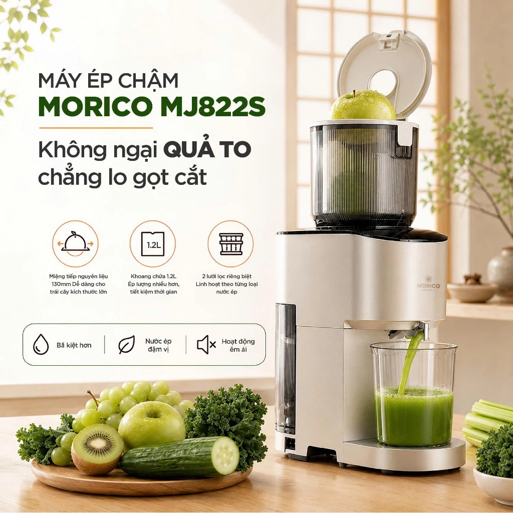 Máy Ép Chậm Morico MJ822S, Máy Ép Hoa Quả, Khoang Chứa 2L Ép Nguyên Quả, Ép Nước Và Làm Kem, Lọc Kép Siêu Mịn