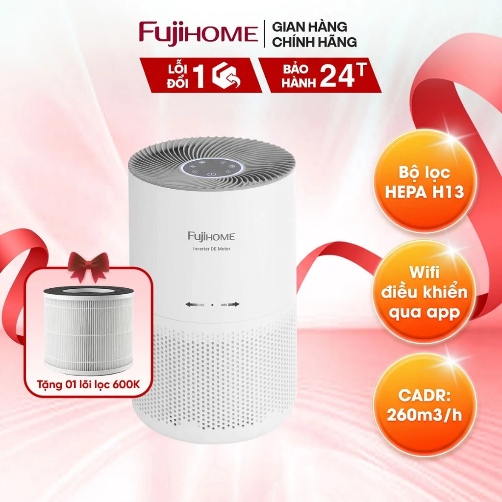 [TẶNG LÕI LỌC] Máy lọc không khí CADR 260m³/h Fujihome AP5COMPACT S phòng 18-31m2, BH 24 tháng