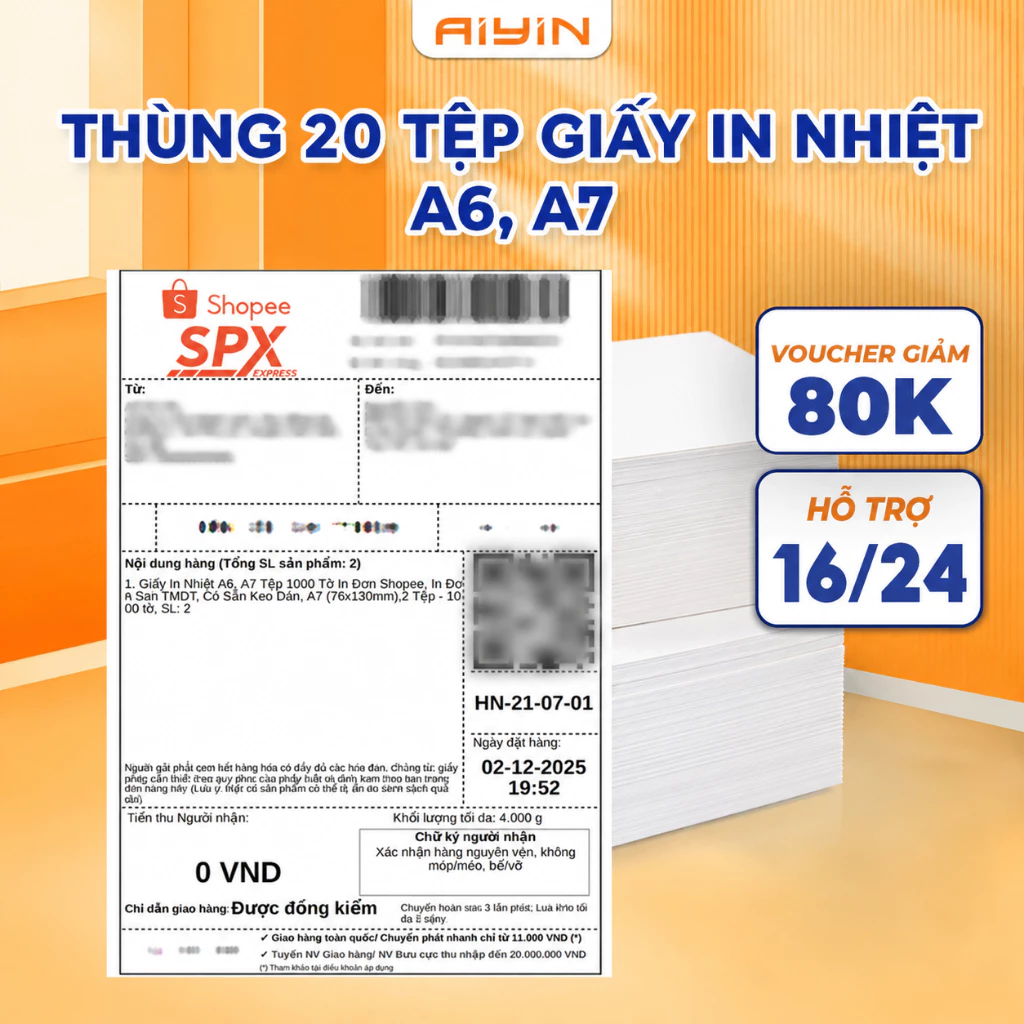 Thùng 20 Tệp Giấy In Nhiệt A6, A7, Giấy In Đơn Hàng Sẵn Keo Dán, Giấy In Đơn TMĐT, Mã Vận Đơn