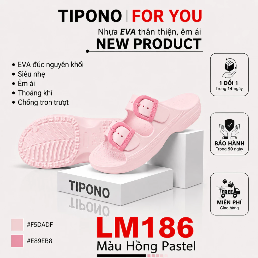 TIPONO LM186 Buckle Slides Dép 2 Quai Nữ Khóa Đúp Tối Giản Cực Chất Êm Nhẹ Đi Mưa Chống Trượt