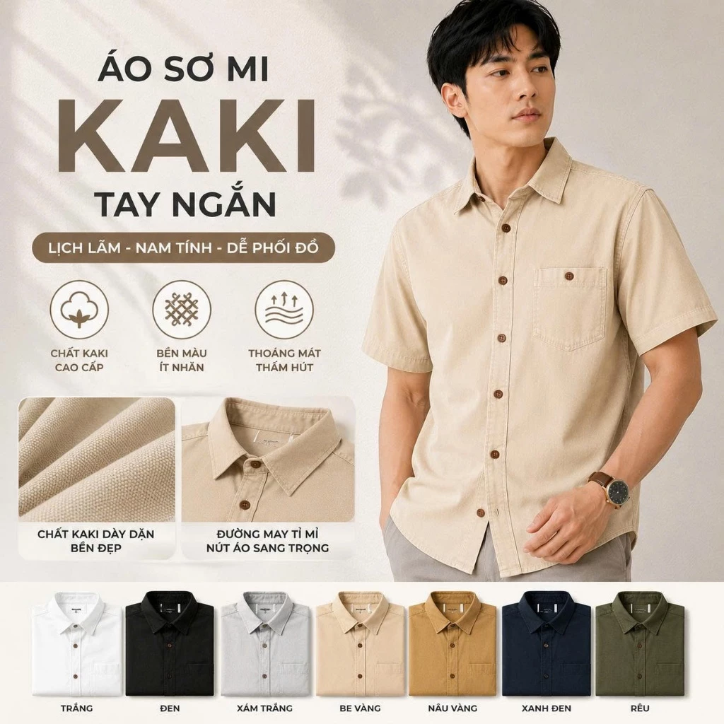 áo sơ mi Kaki tay ngắn Một túi, chất kaki mềm thoáng mát KKN 1TUI